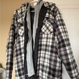 Red Men's Black and White Plaid Shirt Jacket